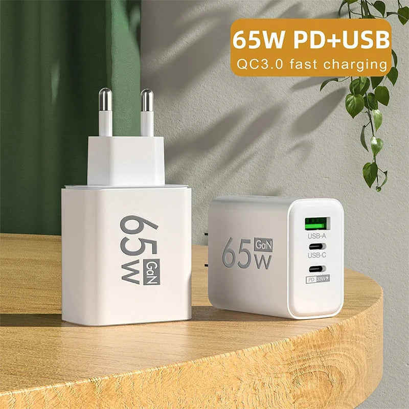 Cargador USB GaN 65W con Doble USB-C y USB-A - Carga Ultra Rápida