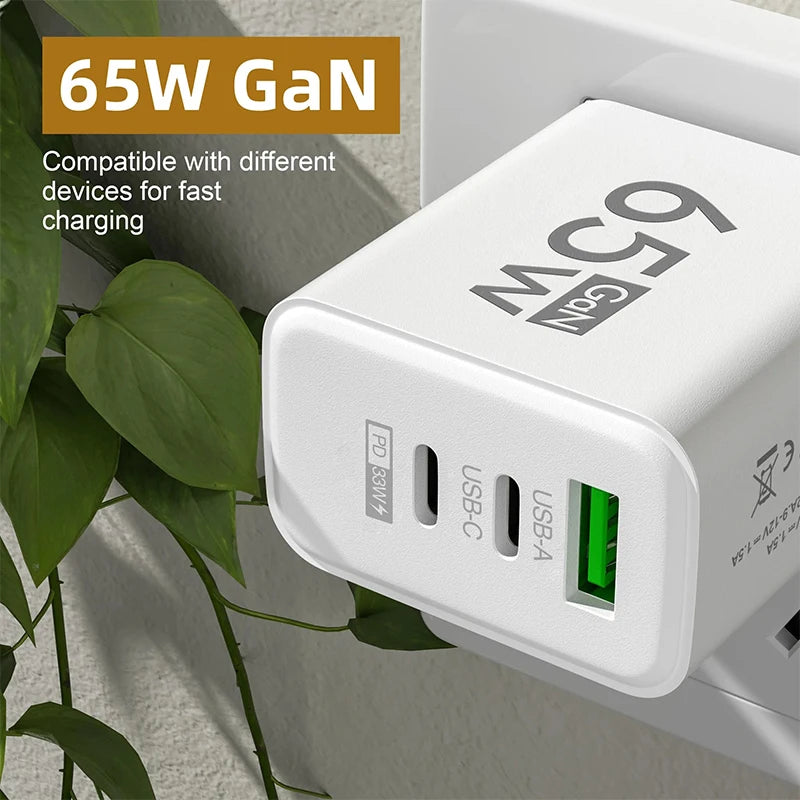 Cargador USB GaN 65W con Doble USB-C y USB-A - Carga Ultra Rápida