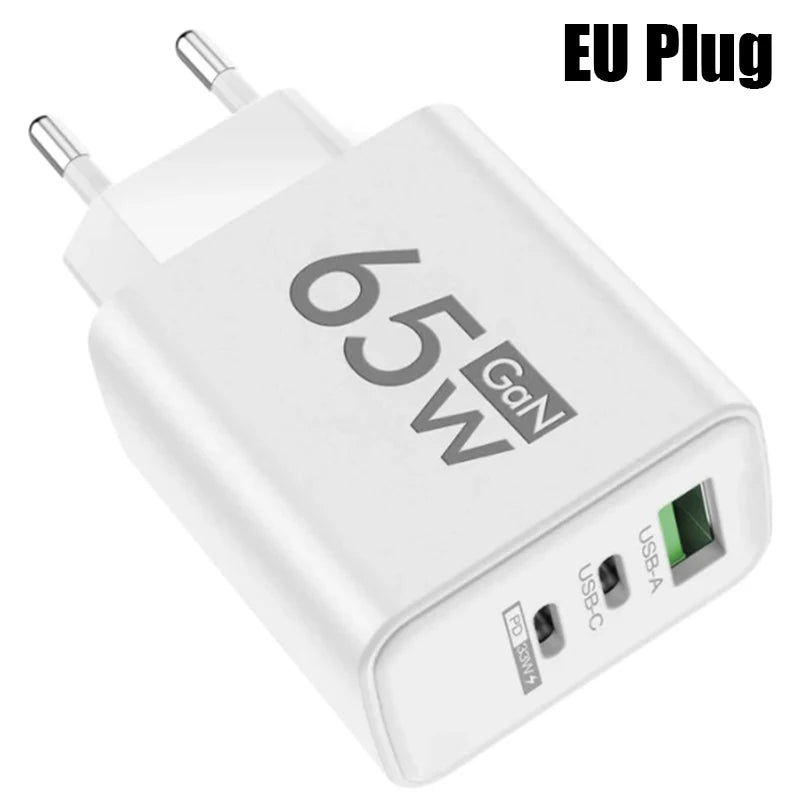 Cargador USB GaN 65W con Doble USB-C y USB-A - Carga Ultra Rápida