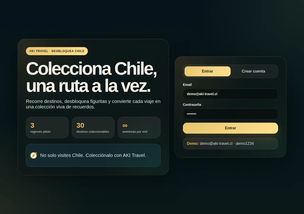 Pantalla de acceso de AKI Travel con credenciales de demostración